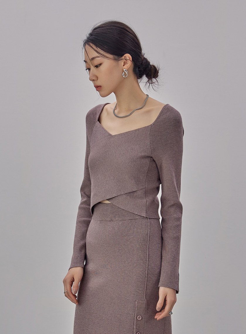 坑條合身針織交叉長袖上衣